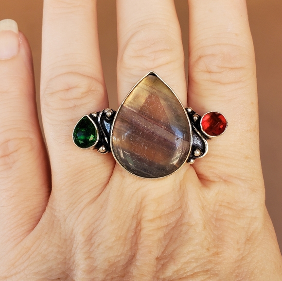 New Fluorite, Garnet and Green Quartz 925 Silver Ring. - Picture 2 of 15